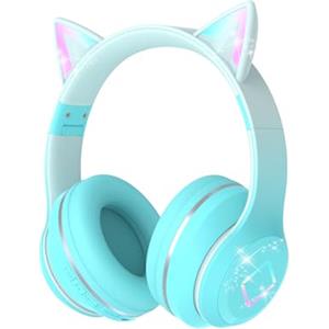 Xunpuls Cuffie Bluetooth per Bambini, Senza-Fili Cuffie Over-Ear, Con orecchie LED, Pieghevole, Con Microfono, Micro SD/TF, HD Stereo, Cuffie ragazze orecchie gatto per scuola/scrivania/PC/TV(verde)