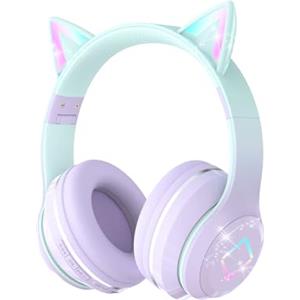 Xunpuls Cuffie Bluetooth per Bambini, Senza-Fili Cuffie Over-Ear, Con orecchie LED, Pieghevole, Con Microfono, Micro SD/TF, HD Stereo, Cuffie ragazze orecchie gatto per scuola/scrivania/PC/TV