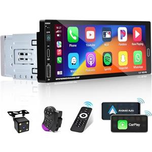 Hikity Autoradio Bluetooth 1 Din con Senza Fili Carplay Android Auto, 6, 86 '' Schermo Tattile 1 Din Stereo Radio Auto con FM Bluetooth Vivavoce Telecamera Posteriore Mirror Link USB Ricarica Veloce