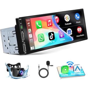 Podofo Autoradio 1 Din con Carplay Wireless Bluetooth Android Auto, 6,86 Pollici con Display Auto Radio con Schermo Supporta Connessione Specchio FM, Telecamera Posteriore e Microfono