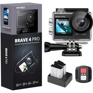 AKASO Brave 4 Pro Action Cam 4K 40M Fotocamera Subacquea, Videocamera 20MP WiFi 170° Grandangolare Doppio Schermo EIS Stabilizzazione, Touch Screen, 5x Zoom, 2x1350mAh Batterie, Kits di Accessori