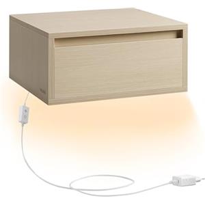 VASAGLE Comodino Pensile, Comodino Sospeso, Luce con 3 Tonalità, Cassetto a Mensola da Parete, 35 x 40 x 18 cm, Stile Moderno, Camera da Letto Soggiorno, Beige Naturale LET654N01