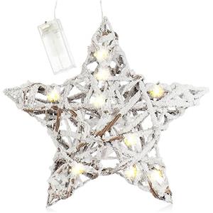 com-four® Stella di Natale a LED ricoperta di Neve, Ghirlanda Invernale con Illuminazione e Timer, Decorazione Stella con 10 LED Bianco Caldo, Decorazione Natalizia (01 Pezzo - Bianco - Stella 30cm)