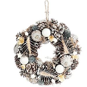 com-four® Ghirlanda Natalizia da Porta - Corona dell'Avvento con Coni, Palline e Fiori - Ghirlanda Decorativa per Natale - Ghirlanda da tavola (Palline Bianche + Panna)