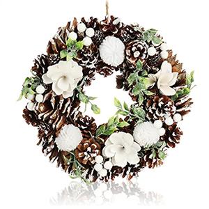 com-four® Ghirlanda per Porte di Natale - Corona dell'Avvento con Coni, Bacche, Pompon e Fiori - Ghirlanda Decorativa - Decorazione Natalizia - Ghirlanda da tavola - Ghirlanda Natalizia