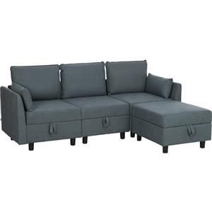 HOMCOM Divano Modulare Componibile con Pouf e Contenitori, Divano 3 Posti Angolare a L con Cuscini e Rivestimento in Flanella per Soggiorno, 213x156x88 cm, Grigio Scuro