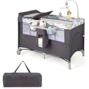 COSTWAY 4 in 1 Lettino per Bambini con Materasso, Lettino Culla da Viaggio per Neonati, Culla Neonato con Fasciatoio, Box Portatile Pieghevole, con Ruote e Borsa, 125 x 65 x 119 cm (Grigio)