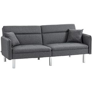 HOMCOM Divano Letto 3 Posti con Meccanismo Clic Clac, Divano in Tessuto con Schienale Reclinabile su 3 Posizioni e 2 Cuscini, 189x91x84cm, Grigio