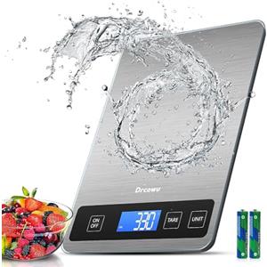 Drcowu Bilancia Cucina Digitale, 15kg Bilancia da Cucina Professionale con Funzione Tare, Grande Display LCD, Alta Precisione 1g/0,1oz Pesa Alimenti, Facile da Leggere e da Usare, Argento