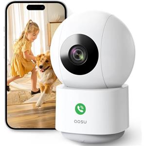 AOSU Telecamera WIFI Interno, 2K Videocamera Sorveglianza Interno, Chiamata One-touch, Rotazione a 360°, Visione Notturna, Tracciamento del Movimento, Audio Bi-direzionale, 5G/2.4GHz Wi-Fi