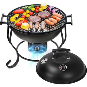 TOKTOO Barbecue Portatile a Carbonella con Ventilatore Regolabile, Coperchio, Griglia e Termometro - Ideale per Campeggio, Terrazza e Giardino