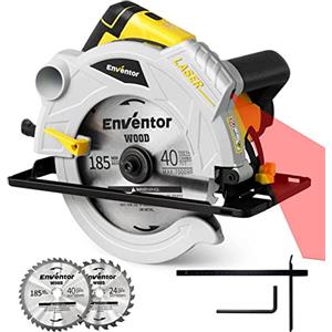 Enventor Sega Circolare 1500W, Sega Circolare per Legno 5500RPM, 2 Lama Sega da 185mm(24T&40T), Taglio 65mm(90°)/43mm (45°), Motore Di Rame Puro, Guida Laser, Ideale per Tagliare Legno