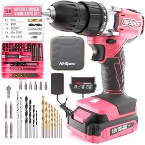 Hi-Spec set da 58 pezzi con Trapano avvitatore Rosa da 18V & Gamma di punte. Attrezzo per il fai date per Avvitare & Forare con Set di Punte in S2 per Metallo, Legno & Muratura.