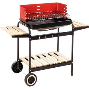 BAKAJI Barbecue Trolley a Carbonella in Metallo e Legno, BBQ Braciere Portatile con 3 Ripiani d'Appoggio e 2 Ruote, Grill da Giardino Ideale per Campeggio, Balcone, Esterni, Graticola in Acciaio