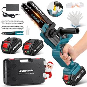 Supstable Mini Motosega a Batteria per Potatura 8 e 6 Pollici, 8000mAh Motosega Elettrica a Batteria Brushless, Oliatore Automatico, Tensione Catena Senza Attrezzi, Per il Taglio del Legno e Giardini