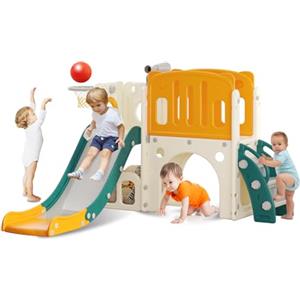 hoopyosms Scivolo per Bambini con Scala da Arrampicata, Canestro da Basket e Tunnel, Set di Scivolo in Plastica per Interni per Bambini, Giochi Montessori per Parco Giochi, Verde