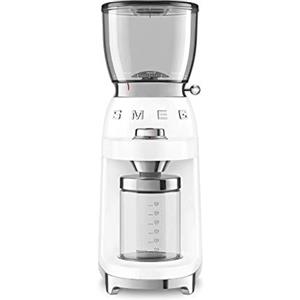 Smeg, Macinacaffè CGF01WHEU, Livello di Macinatura Regolabile, 3 Step di Macinatura, Contenitore Caffè Macinato da 130g, 6 Funzioni per Caffè Americano, con Sistema Antistatico, 150W, Bianco