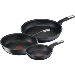 Tefal Unlimited On G25591 Set di 3 padelle da 24/28 cm e pentola wok da 28 cm, rivestimento antiaderente antigraffio e segnale termico, tutti i piani cottura + induzione, facile da pulire, nero