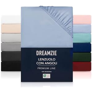 Dreamzie Lenzuolo con Angoli Matrimoniale 160x200 cm - Altezza fino a 33 cm - 100% Microfibra - Blu - Certificato senza Prodotti Chimici (Oeko TEX), Lenzuola Letto con Angoli ed Elastico