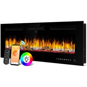 KESSER® Camino elettrico da parete, camino elettrico con riscaldamento, 9 modalità di colore, effetto fiamma LED, 900/1800 W, stufa da parete e camino da incasso, montaggio a parete, funzione app,