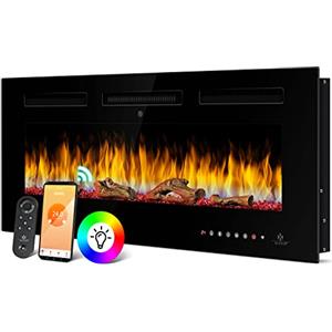 KESSER® Camino elettrico da parete, camino elettrico con riscaldamento, 9 modalità di colore, effetto fiamma LED, 900/1800 W, stufa da parete e camino da incasso, montaggio a parete, funzione app,