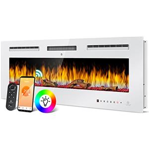 KESSER® Camino elettrico da parete, camino elettrico con riscaldamento, 9 modalità di colore, effetto fiamma LED, 900/1800 W, stufa da parete e camino da incasso, montaggio a parete, funzione app,