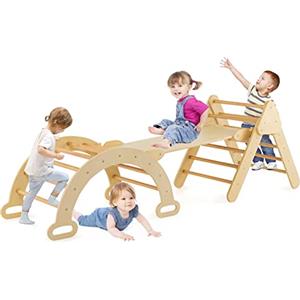 RELAX4LIFE 4 in 1 Triangolo da Arrampicata con Scivolo per Bambini, Arco da Arrampicata e Scala per Arrampicarsi in Legno, Montessori Giocattoli Bimbi 2 3 4 5 Anni (Naturale, 1)