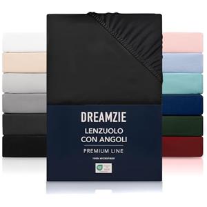 Dreamzie Lenzuolo con Angoli Matrimoniale 180x200 cm - Altezza fino a 33 cm - 100% Microfibra - Nero - Certificato senza Prodotti Chimici (Oeko TEX), Lenzuola Letto con Angoli ed Elastico