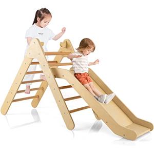 COSTWAY 2 in 1 Set da Arrampicata con Scivolo per Bambini, Triangolo di Arrampicata in Legno Regolabile a Gradi, Giocattolo per Arrampicarsi all'Interno, 1 Anno+ (Naturale)