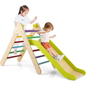 COSTWAY 2 in 1 Set da Arrampicata con Scivolo per Bambini, Triangolo di Arrampicata in Legno Regolabile a Gradi, Giocattolo per Arrampicarsi all'Interno, 1 Anno+ (Colorato)