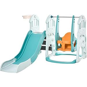 HOMCOM Scivolo 3 in 1 per Bambini con Altalena Regolabile, Canestro e Palle per Cameretta e Giardino, 149x186x98cm, Blu e Arancione