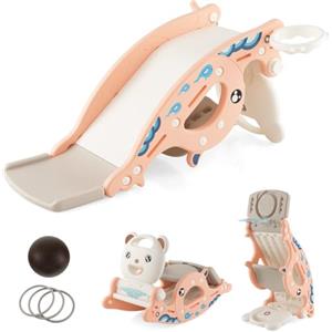 COSTWAY Scivolo Giocattolo 4-in-1 per Bambini con Cavallo a Dondolo, Canestro da Basket e Gioco degli Anelli, Set Scorrevole Multifunzione per Bambini 1-4 Anni, per Utilizzo Interno ed Esterno (Rosa)