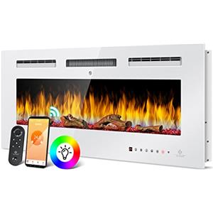 KESSER® Camino elettrico da parete, camino elettrico con riscaldamento, 9 modalità di colore, effetto fiamma LED, 900/1800 W, stufa da parete e camino da incasso, montaggio a parete, funzione app,