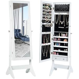 COSTWAY Armadio Specchio Portagioie con Luci LED e Chiave, Organizer Gioielli Specchiera Figura Intera, per Camera da Letto e Salotto, Bianco 153x39x37cm