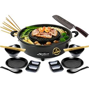 TomYang BBQ edizione Premium con un set stoviglie per 2 persone e il coltello Santoku di TomYang - Thai Grill & Hot Pot, barbecue elettrico, per cibo thailandese e Hot Pot!