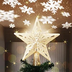 Bakaji Puntale a Forma di Stella Luminoso con Gioco Luci Fiocchi di Neve a Riflesso su Soffitto Altezza 26cm Decorazione Punta Albero di Natale Decorazioni Natalizie con Glitter (Oro)