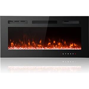 M.C.Haus Camino Elettrico Ultra sottile, Silenzioso, 12 Diverse Fiamme, Montaggio a Parete a Incasso, Touchscreen in Vetro e Telecomando, con Cristallo e Tronco di Legno(102cm/30inch, Nero)