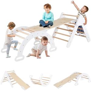 RELAX4LIFE 4 in 1 Triangolo da Arrampicata con Scivolo per Bambini, Arco da Arrampicata e Scala per Arrampicarsi in Legno, Montessori Giocattoli Bimbi 2 3 4 5 Anni, Bianco