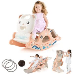 RELAX4LIFE 4 in 1 Set Cavallo a Dondolo con Scivolo e Canestro da Basket e Palla e Lancia di Anelli, Struttura Stabile con carico di 60 kg,81x40x52cm/93x65x45,5cm