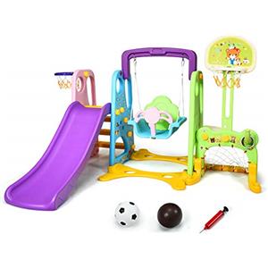 RELAX4LIFE Centro Attività per Bambini, Parco Giochi con Scivolo, Altalena e Canestro, Set di Scivoli per Bambini da Giardino o Cameretta, Età 18 mesi-5 anni (Viola+Verde)