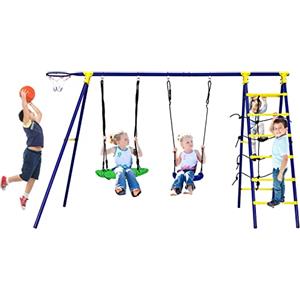 RELAX4LIFE 5 in 1 Set Altalene da Giardino per Bambini, 1 Sedile Altalena e 1 Altalena Nido Ø66 cm, Rete e Scala da Arrampicata, Struttura in Metallo fino a 150kg