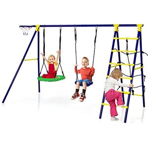 COSTWAY 5 in 1 Set Altalena da Giardino per Bambini, con 2 Altalene, Canestro da Basket, Scala di Arrampicata, Carico Massimo di Ogni Sedile 75 KG, Ideale per Interno ed Esterno