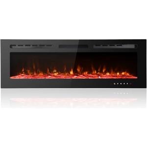 M.C.Haus Camino Elettrico Ultra sottile, Silenzioso, 12 Diverse Fiamme, Montaggio a Parete a Incasso, Touchscreen in Vetro e Telecomando, con Cristallo e Tronco di Legno(127cm/50inch, Nero)