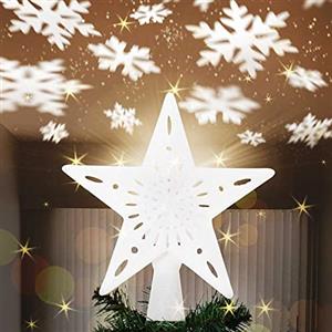 Bakaji Puntale a Forma di Stella Luminoso con Gioco Luci Fiocchi di Neve a Riflesso su Soffitto Altezza 26cm Decorazione Punta Albero di Natale Decorazioni Natalizie con Glitter (Bianco)