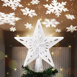 Bakaji Puntale a Forma di Stella Luminoso con Gioco Luci Fiocchi di Neve a Riflesso su Soffitto Altezza 26cm Decorazione Punta Albero di Natale Decorazioni Natalizie con Glitter (Argento)