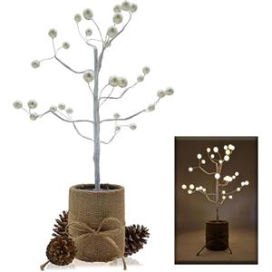 MAKA change your life quality MAKA Albero di Betulla Bianco 35-45 cm Dorato Classico Artificiale Alberello di Natale Illuminato Luce Led con Batterie (non incluse) o USB Rami Regolabili 14-108 Luci Mini (Bianco-35cm-perle)