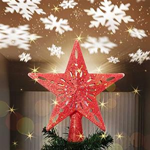 Bakaji Puntale a Forma di Stella Luminoso con Gioco Luci Fiocchi di Neve a Riflesso su Soffitto Altezza 26cm Decorazione Punta Albero di Natale Decorazioni Natalizie con Glitter (Rosso)