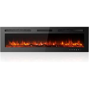 M.C.Haus Camino Elettrico Ultra sottile, Silenzioso, 12 Diverse Fiamme, Montaggio a Parete a Incasso, Touchscreen in Vetro e Telecomando, con Cristallo e Tronco di Legno(153cm/60inch, Nero)