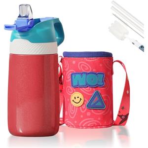 FEIJIAN Borraccia Bambini acciaio inox con cannuccia + Zaino, Senza BPA- Thermos 350ml, senza Perdite Bottiglia Termica - Caldo/Freddo, Bottiglia Acqua riutilizzabile - per campeggio, scuola, asilo