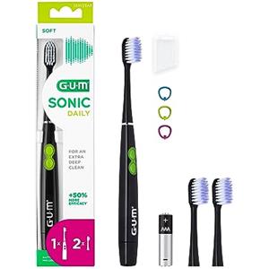 GUM SONIC DAILY Spazzolino elettrico sonico a batteria | Per una pulizia delicata e approfondita | 1x spazzolino da denti, 2x testine di ricambio, 1x batteria AAA (nero)